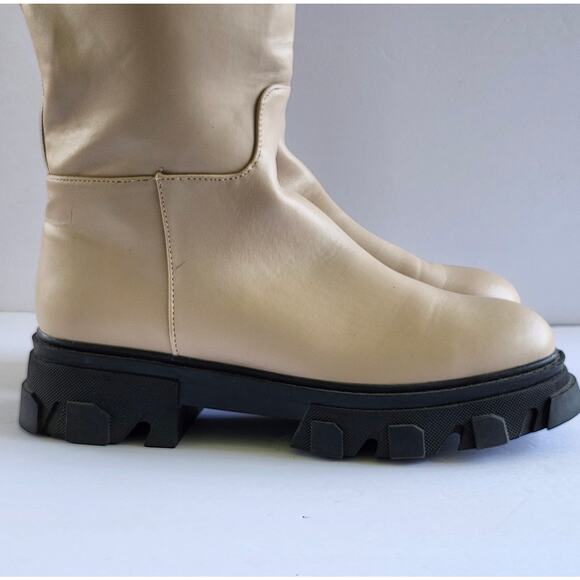 Pretty Little Thing Platform Chunky Sole Calf High Tan Boots Size 8 S0025 - Picture 4 of 7